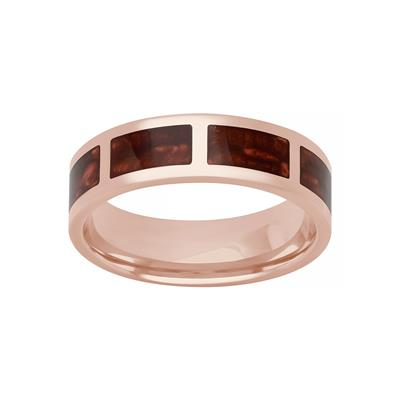 Rose Gold Men's Wedding Band is displayed on a white background. The ring features a flat ladder design highlighted by bold red ceramic inlays