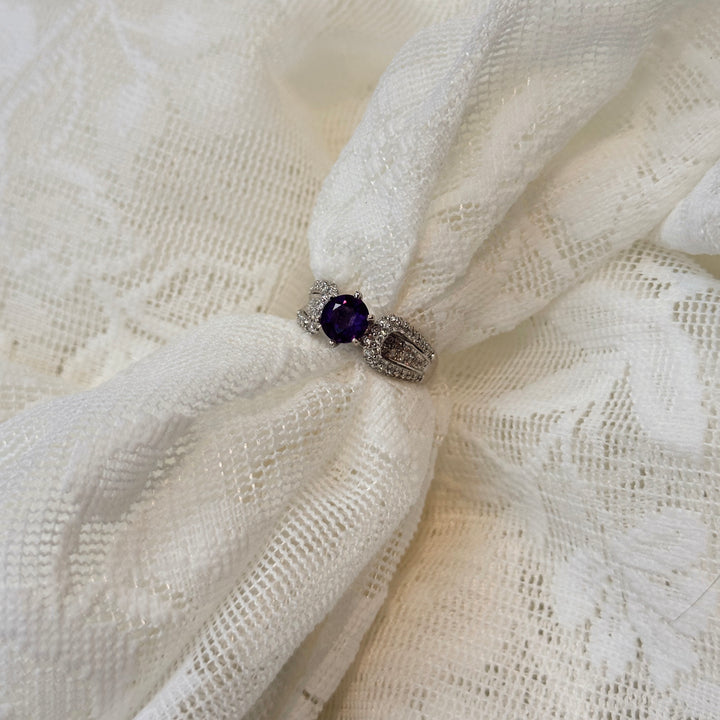 14K White Gold Round Amethyst Diamond Ring