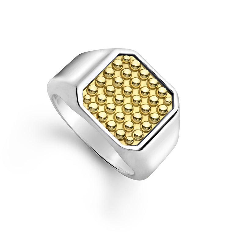 A sterling silver and 18k gold ring displayed angled in the middle of a white background featuring 18K gold Caviar beading surrounded by smooth sterling silver with a square design.