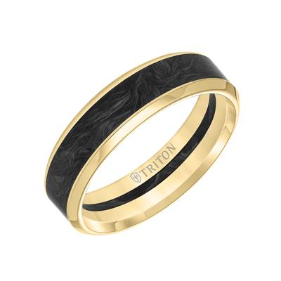 Tilted To The Right, Yellow Gold Men's Wedding Band is displayed on a white background. The ring features a forged Carbon stripe in the middle, yellow gold stripes at the top and bottom, bevel edge design