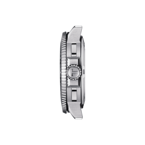 A close-up view of the Tissot stainless steel case shows the crown on the right side.