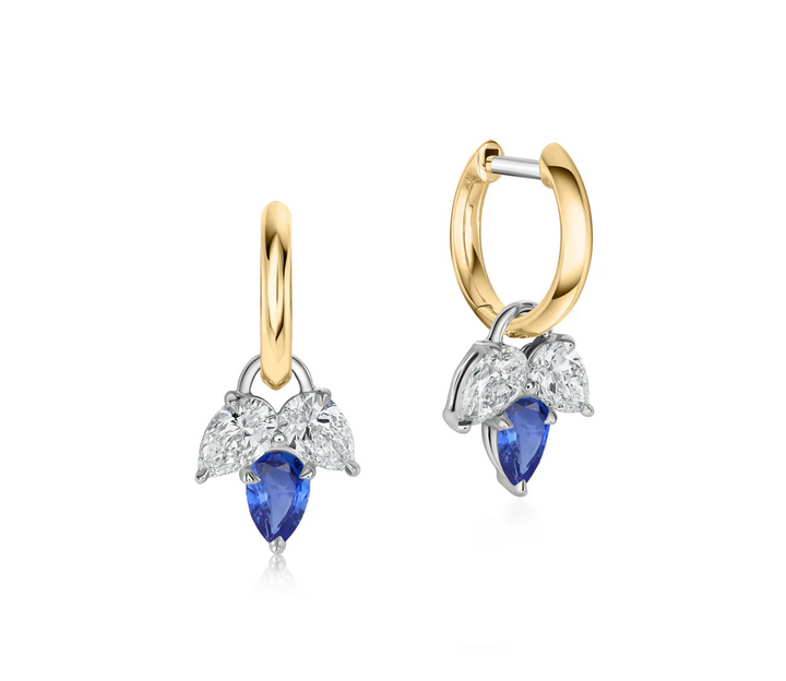 Pear Shape Diamond & Blue Sapphire Triple Leaf Huggies