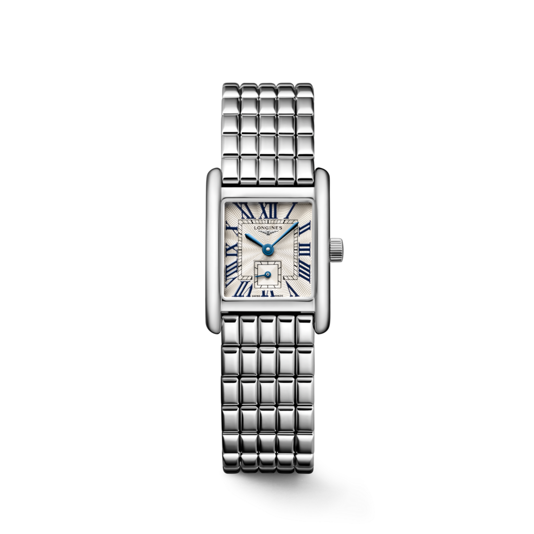 A Longines watch is displayed in the middle on a transparent background. The rectangular-shaped watch features a silver dial, blue hands, black markers, a stainless steel bezel, and a stainless steel bracelet.