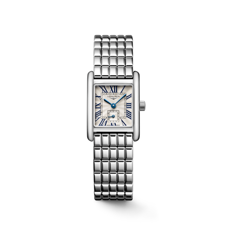 A Longines watch is displayed in the middle on a transparent background. The rectangular-shaped watch features a silver dial, blue hands, black markers, a stainless steel bezel, and a stainless steel bracelet.