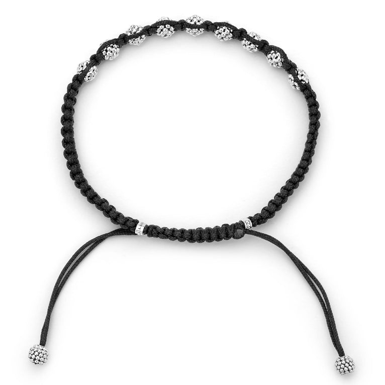 A side-view of a black bracelet in the middle of the white background featuring a braided nylon with sterling silver Caviar beads.