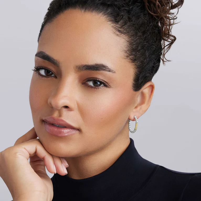 Two-Tone Caviar Gold Bar Hoop Earrings