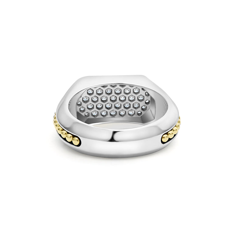 A back-view of sterling silver & 18K Gold two-tone octagon-shaped ring featuring a diamond set center and gold caviar beading.