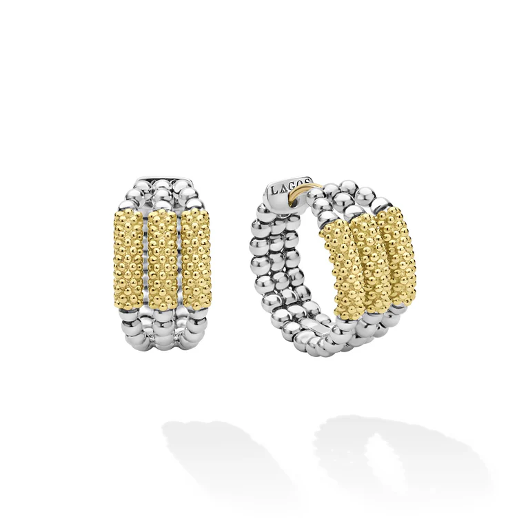 Two-Tone Three Ring Caviar Gold Bar Huggie Earrings