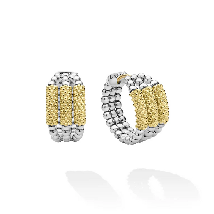 Two-Tone Three Ring Caviar Gold Bar Huggie Earrings