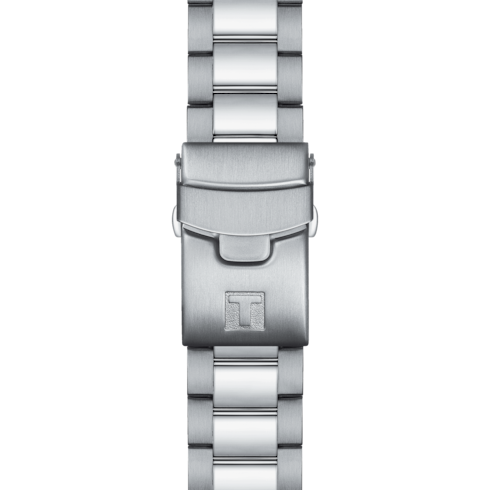 A close-up of the watch's stainless steel bracelet with the Tissot logo clasp in the middle against a transparent background