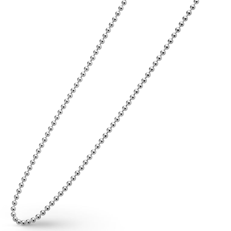 A sterling silver necklace angled to the right featuring a ball chain.