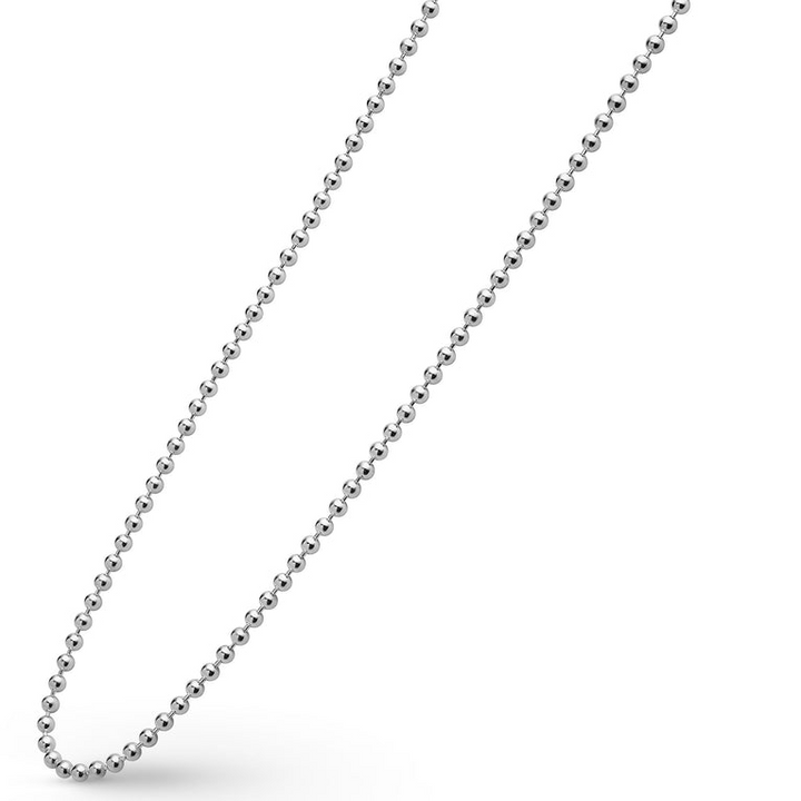 A sterling silver necklace angled to the right featuring a ball chain.