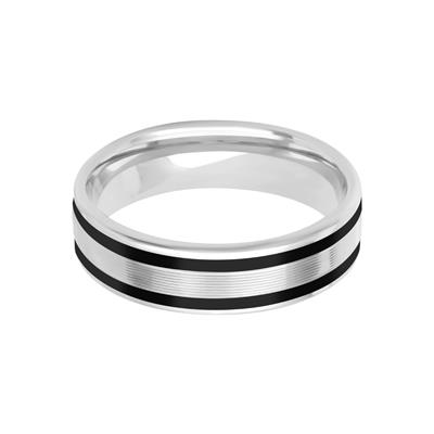 White Gold Men's Wedding Band Laying Flat displayed on a white background. The ring features two sleek stripes of black ceramic inlay, a sleek white gold bar in the middle