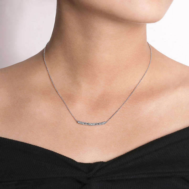 Round and Baguette Diamond Curved Bar Necklace