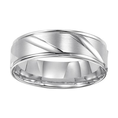 White Gold Men's Wedding Band angled on a white background. The ring features an angular carvings design.