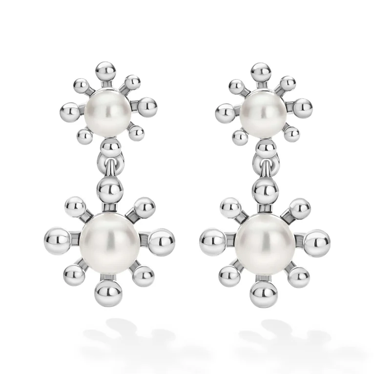 Sterling Silver Fleur Pearl Drop Earrings