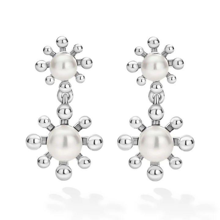 Sterling Silver Fleur Pearl Drop Earrings