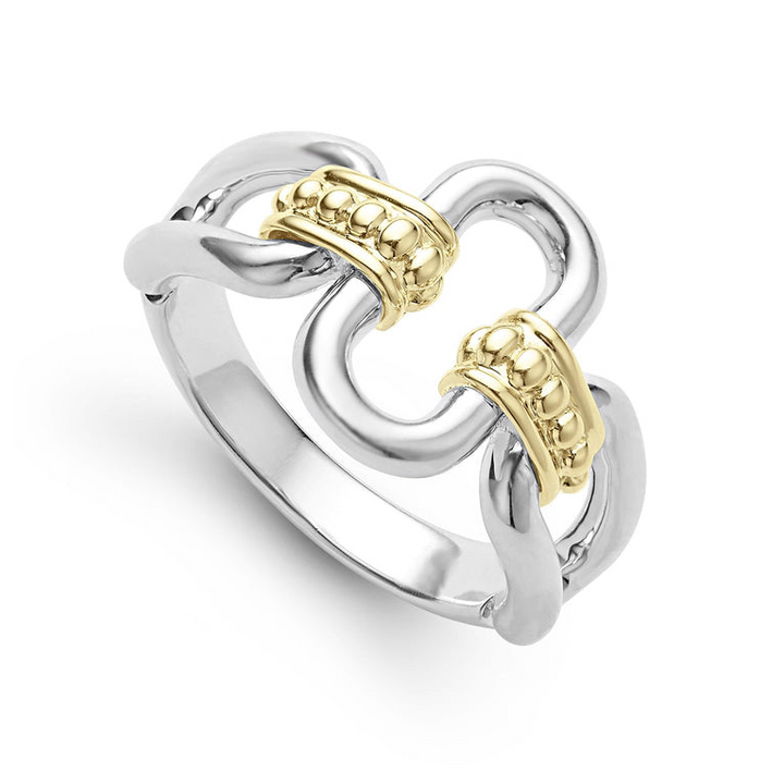 A sterling silver and 18k gold ring displayed angled in the middle of a white background featuring Sterling silver and18k gold variations of Caviar beading and fluting elements