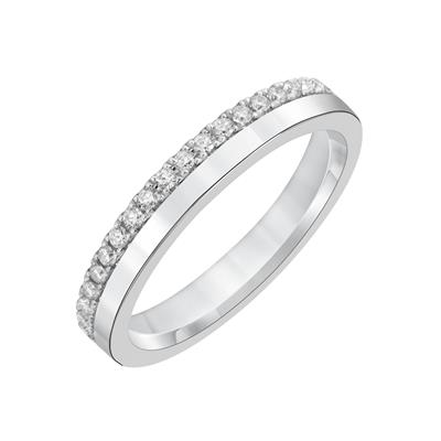 This is a close-up of a white gold ring angled to the left. It shows the inside of the band against a white background. It features a split band with a row of pave diamonds.