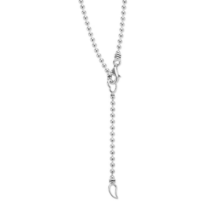 A close-up of a sterling silver necklace highlighting the clasp.