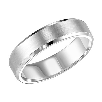 Tilted To The Right, White Gold Men's Wedding Band against a white background. The ring features a bevel-edge design