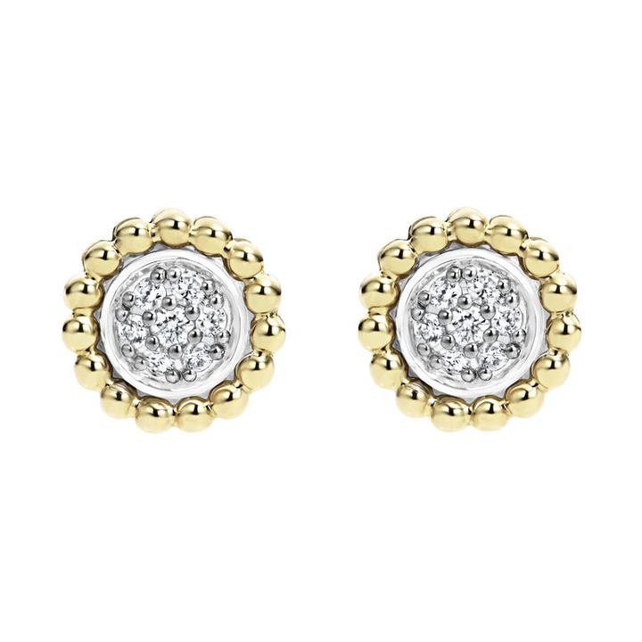 A pair of two-toned stud earrings with a Pavé diamond circle motif framed by 18K gold Caviar beading. 