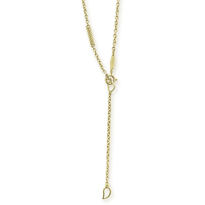 An 18k gold chain necklace highlights the clasp and features caviar-beaded stations on a white background.