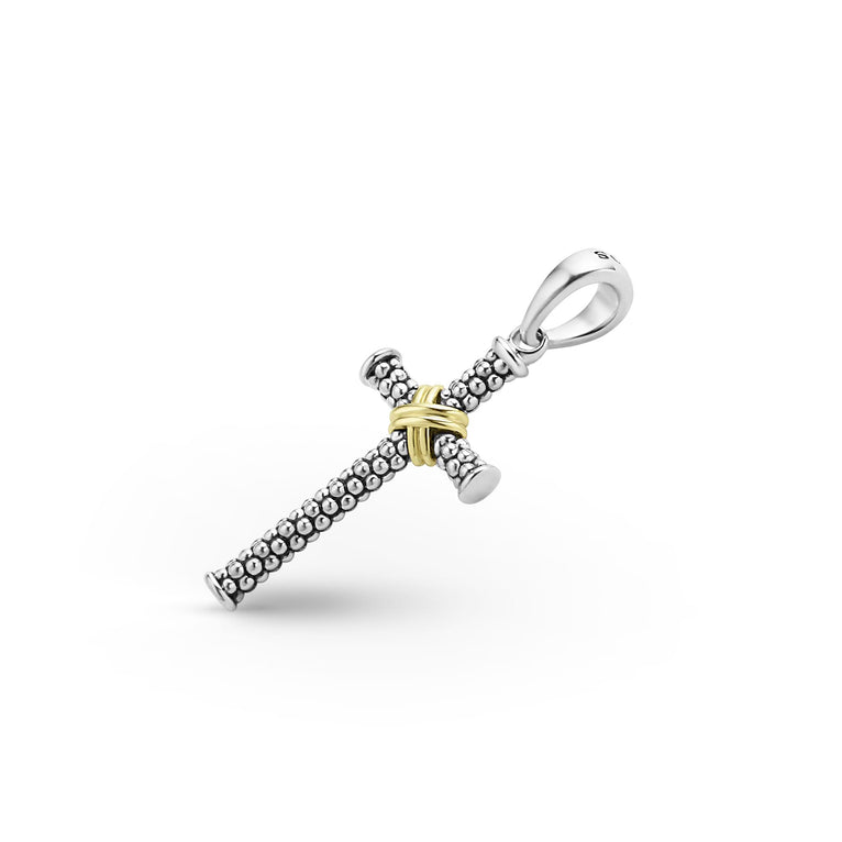 A Two-Tone Caviar Beaded X Cross Amulet is displayed in the middle of a white background