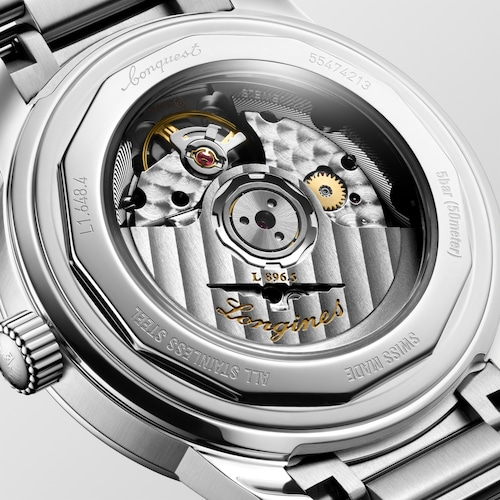 Close up of the back of the case of a LONGINES L1.648.4.92.6