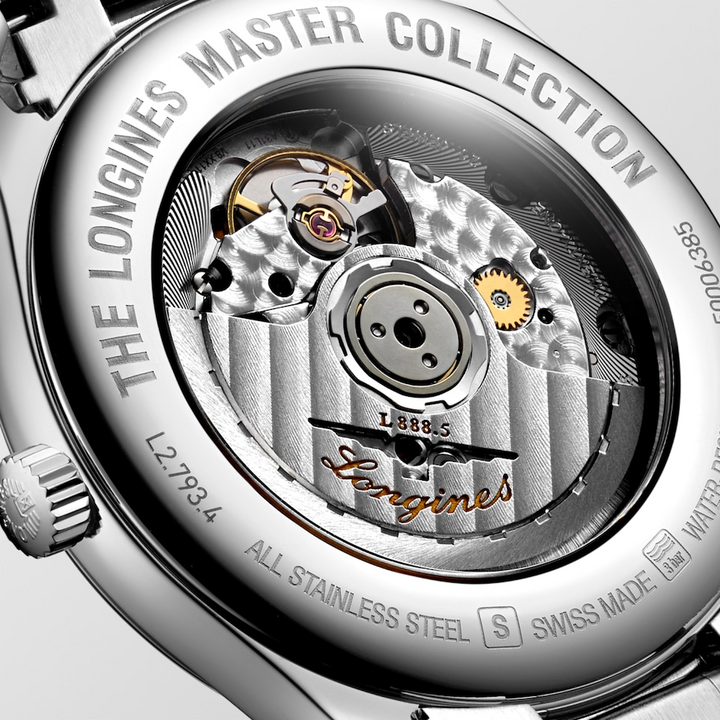 Close up of the back of the case on a LONGINES L2.793.4.92.6