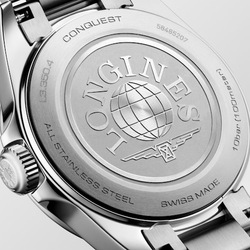 Up Close view of the back of the case of a LONGINES L3.350.4.87.6