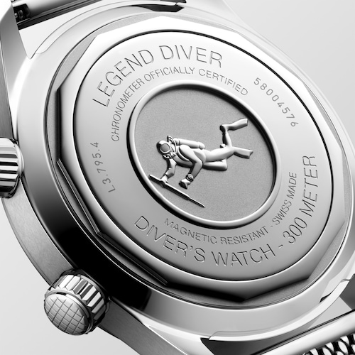Up close view of the back of the case of a LONGINES L3.795.4.59.9