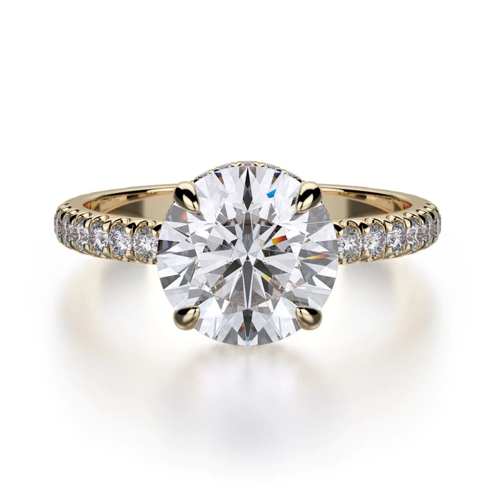 Front view of a Michael M. yellow gold engagement ring with a round center stone and pavé diamond band.