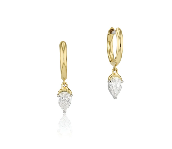 Two yellow gold diamond drop huggies, one is front view and one is slightly angled on a white background.