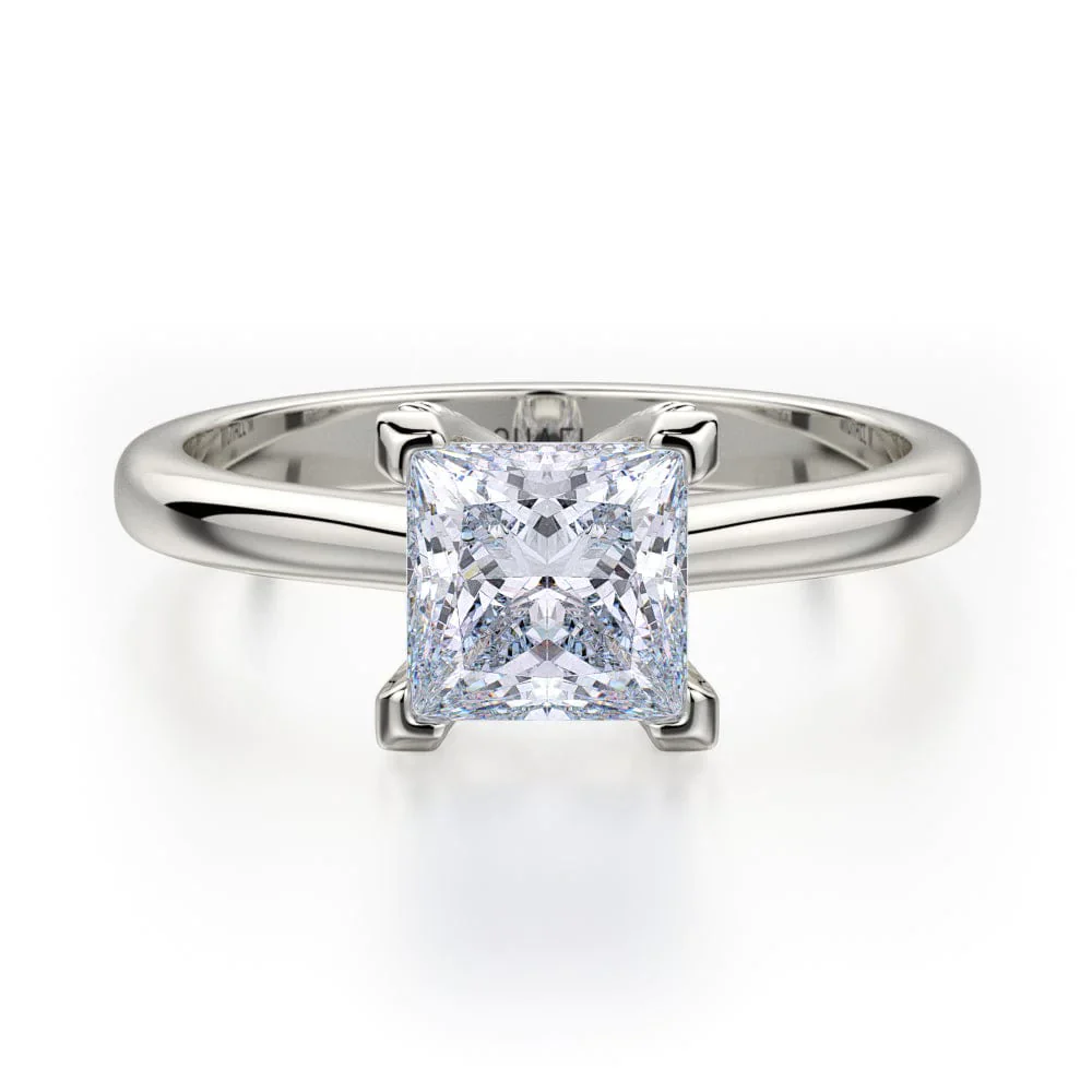 Front view of a princess cut solitaire engagement ring with a square center stone and smooth, polished band.