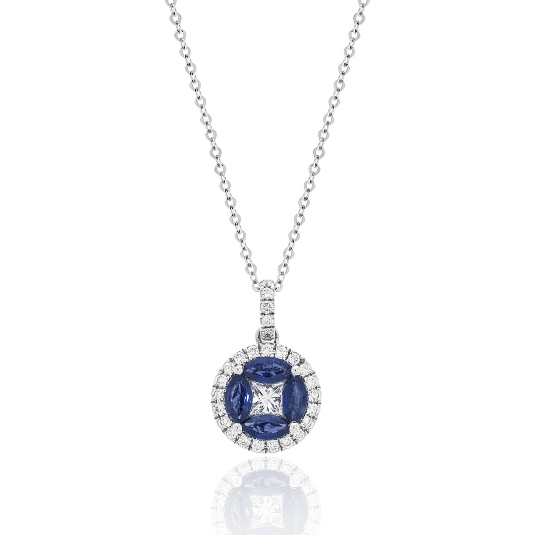 A close-up of a white-gold Marquise Necklace against a white background. The necklace features a diamond center stone with marquise-shaped sapphire diamonds and round diamonds.