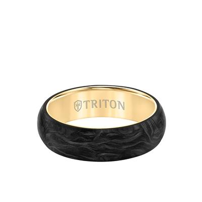 Carbon Flat Edge Men's Wedding Band is displayed on a white background. The ring features an internal gold lining and textured design