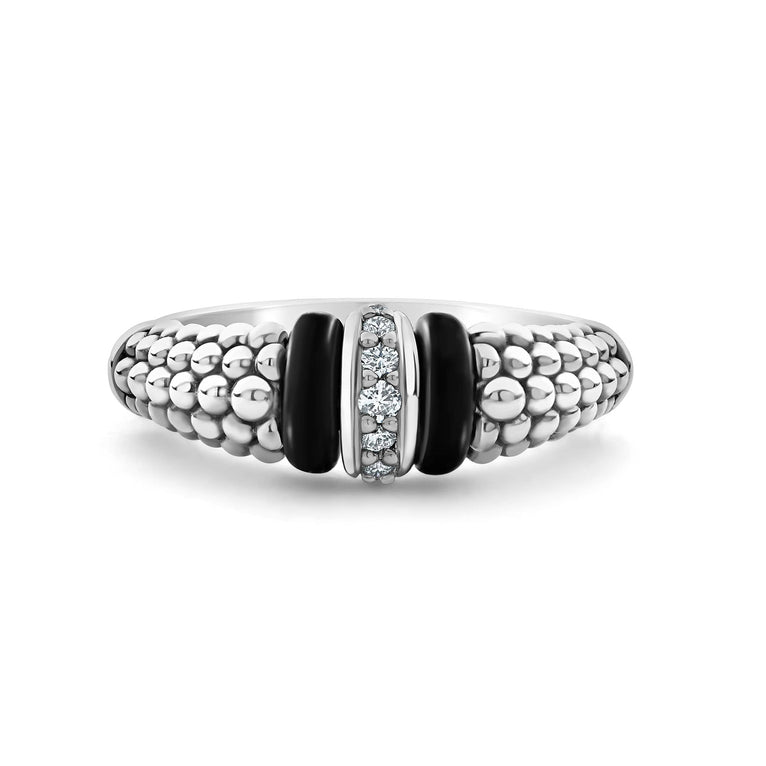 A sterling silver ring is displayed on a white background featuring black ceramic caviar beading with a row of diamonds.