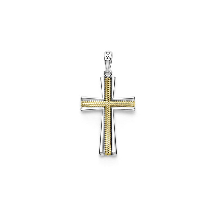 A two-tone caviar beaded cross amulet displayed in the middle of a white background