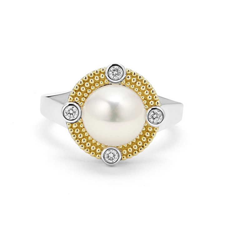 A sterling silver and 18k gold ring displayed in the middle of a white background featuring a freshwater cultured pearl surrounded by sterling silver, diamonds, and 18K gold