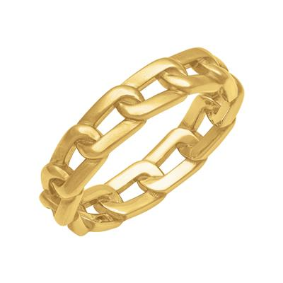 Tilted To The Right, Yellow Gold Men's Wedding Band is displayed on a white background. The ring features a linked-up design, solid links, and 5mm.