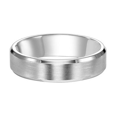 White Gold Men's Wedding Band Laying Flat against a white background. The ring features a bevel-edge design