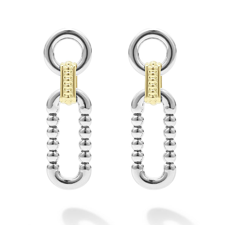 A pair of link drop earrings with Sterling silver and 18k gold variations of Caviar beading and fluting elements. 