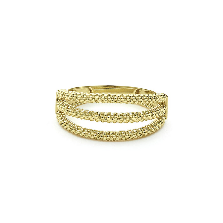 An 18K Gold ring in the middle of a white background featuring three rows with caviar beading.