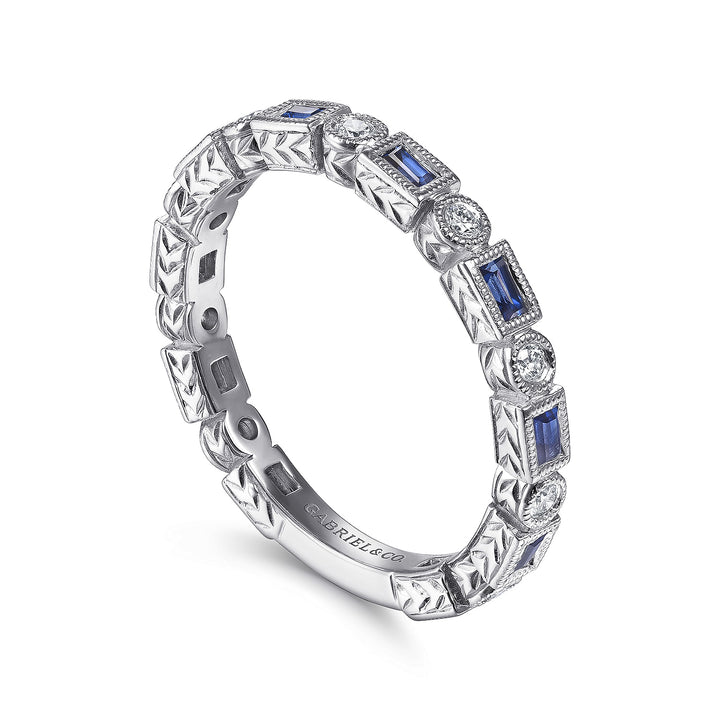 14K White Gold Sapphire Baguette and Diamond Band