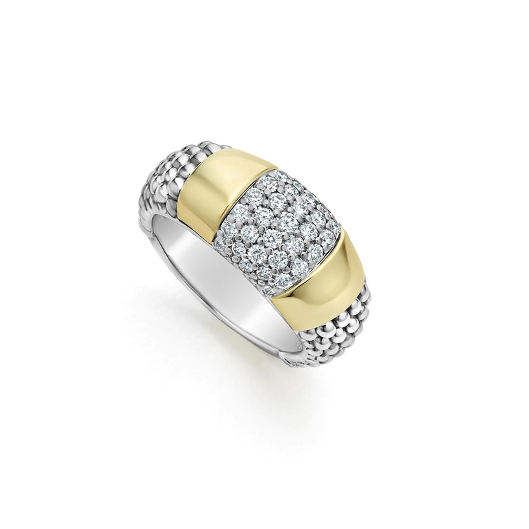 A Sterling Silver & 18K Gold two-tone ring featuring smooth gold stations, caviar beading, and diamond-set stations.