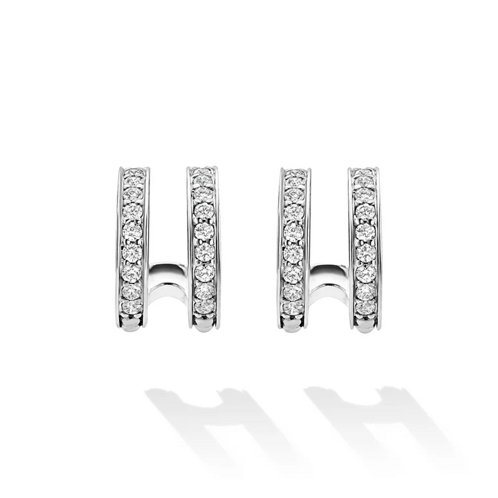 Silver Linear Diamond Double Row Hoop Earrings