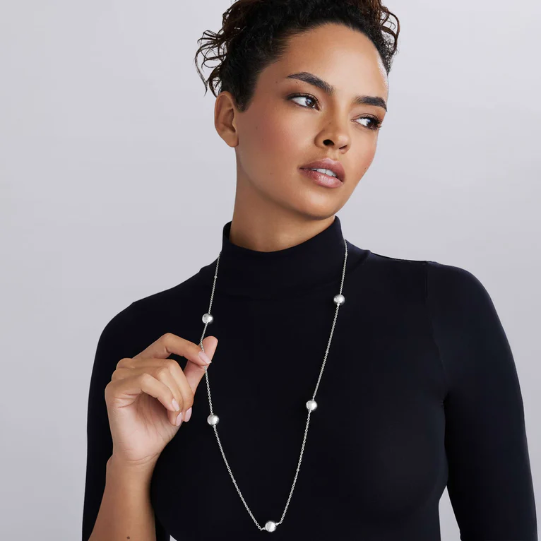 Silver Large Beaded Station Necklace