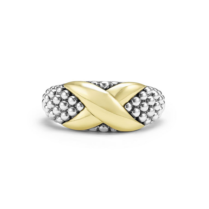 A Sterling Silver & 18K Gold ring in the middle of a white background, featuring an x motif and caviar beading