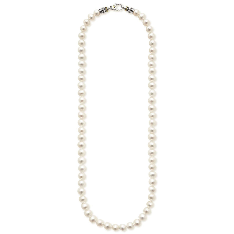 A sterling silver &18k gold necklace featuring a strand of cultured freshwater pearls accented by sterling silver and showing the clasp at the top against a white background.